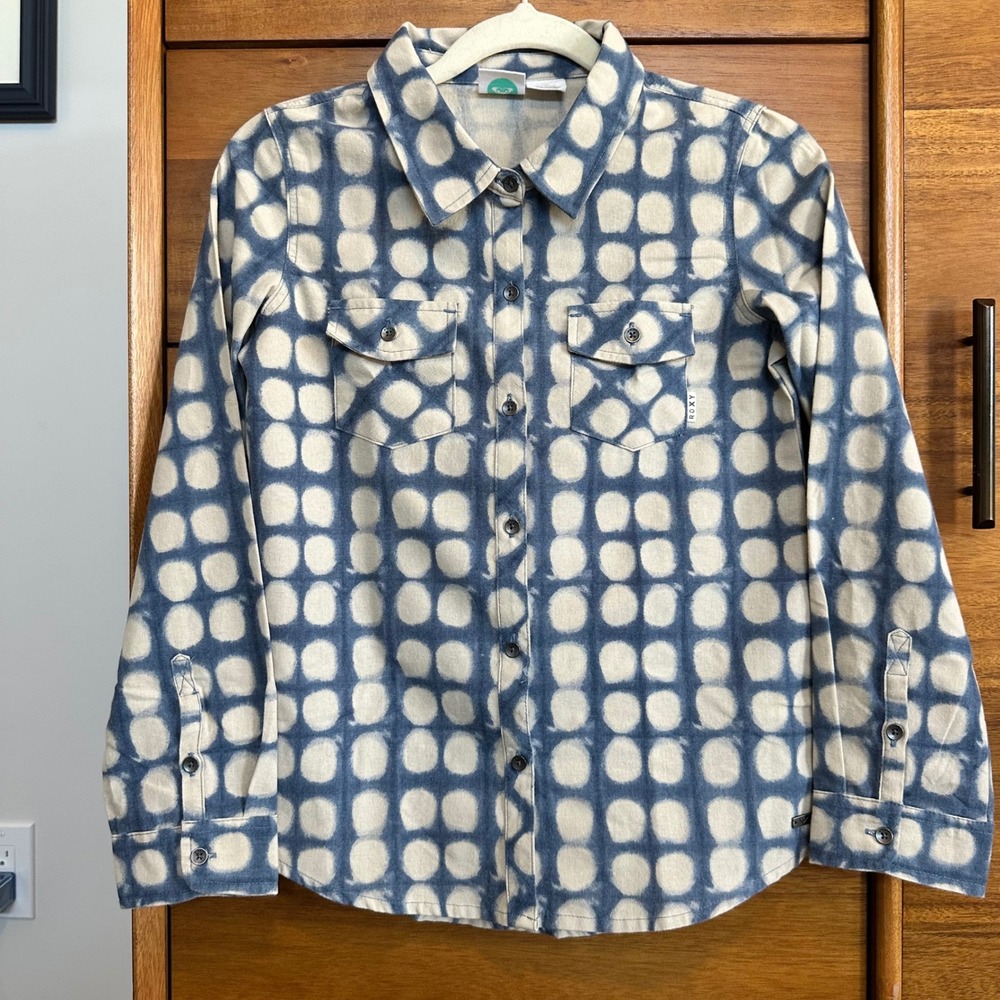 Roxy Girl Button Down Shirt 10 Blue Shibori Dot Excellent